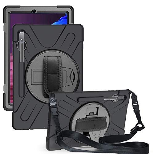 ProElite Rugged 3 Layer Armor case Cover for Samsung Galaxy Tab S7 Plus 12.4 Inch SM-T970/T975/T976 with SPen Holder, Hand Grip and Rotating Kickstand, Black