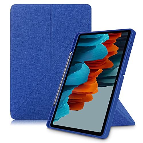 YKDY Tablet Protective Cases Compatible with Samsung Galaxy Tab S7 Plus T970 / T975 Cloth Texture Multi-Folding Horizontal Flip PU Leather Shockproof Case with Holder & Sleep/Wake-up Function