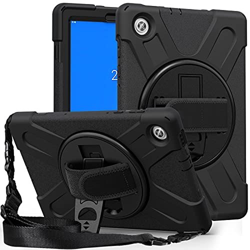 ProElite Rugged 3 Layer Armor case Cover for Lenovo Tab M10 2nd Gen 10.1″ TB-X306X/TB-X306F with Hand Grip and Rotating Kickstand with Shoulder Strap, Black